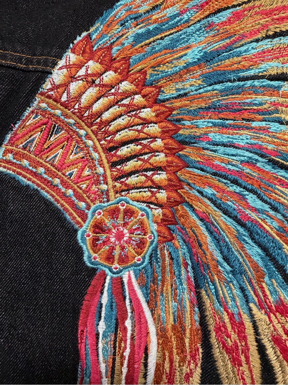 NWT Black Embroidered Denim Jacket with Colorful Headdress - Picture 8 of 10